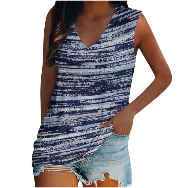Camiseta holgada sin mangas con cuello redondo y estampado de flores informales de verano para mujer Pompotops lopia994493