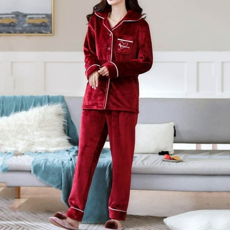 

Rewenti Ladies Fashion Flannel Solid Print Pocket Long Sleeve&Long Pants Pajama Suit Red L(L)