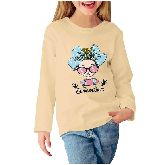 Little Girl Sweatshirts Size 6 Fashion Graphic Long Sleeve Casual Cotton Shirt 3-11T Kids Fall Pullover Top, Beige, 4 Years