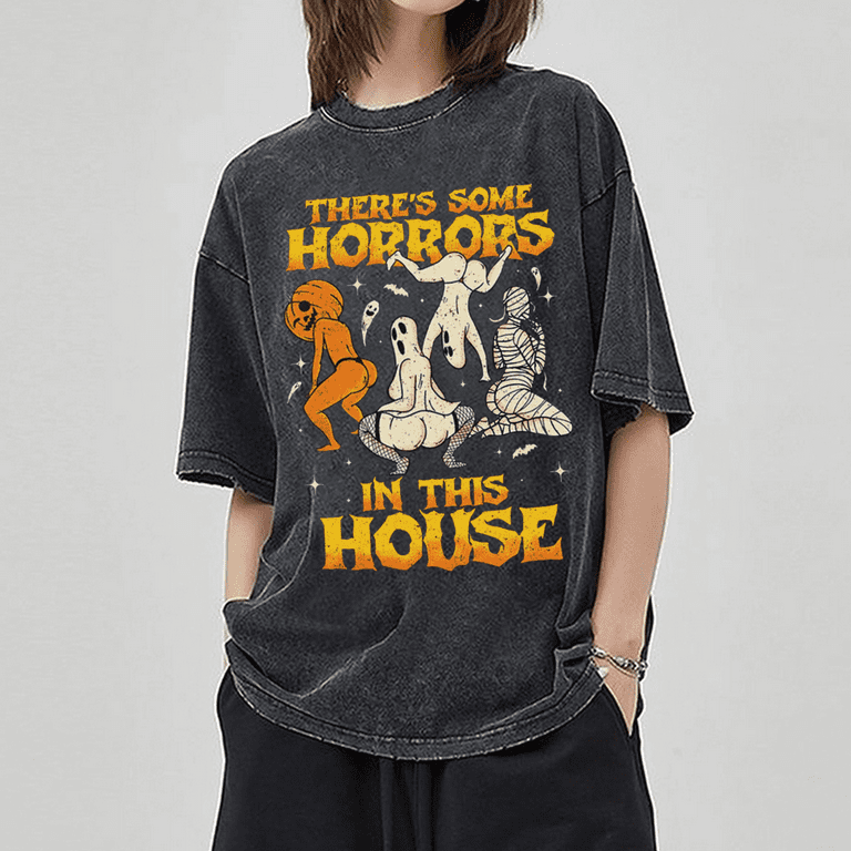 Swimshy Unisex Unisex There's Some Horrors in This House Printed Retro Washed Short Sleeved T-Shirt, XXL, Adult Unisex, Size: 2XL, Black