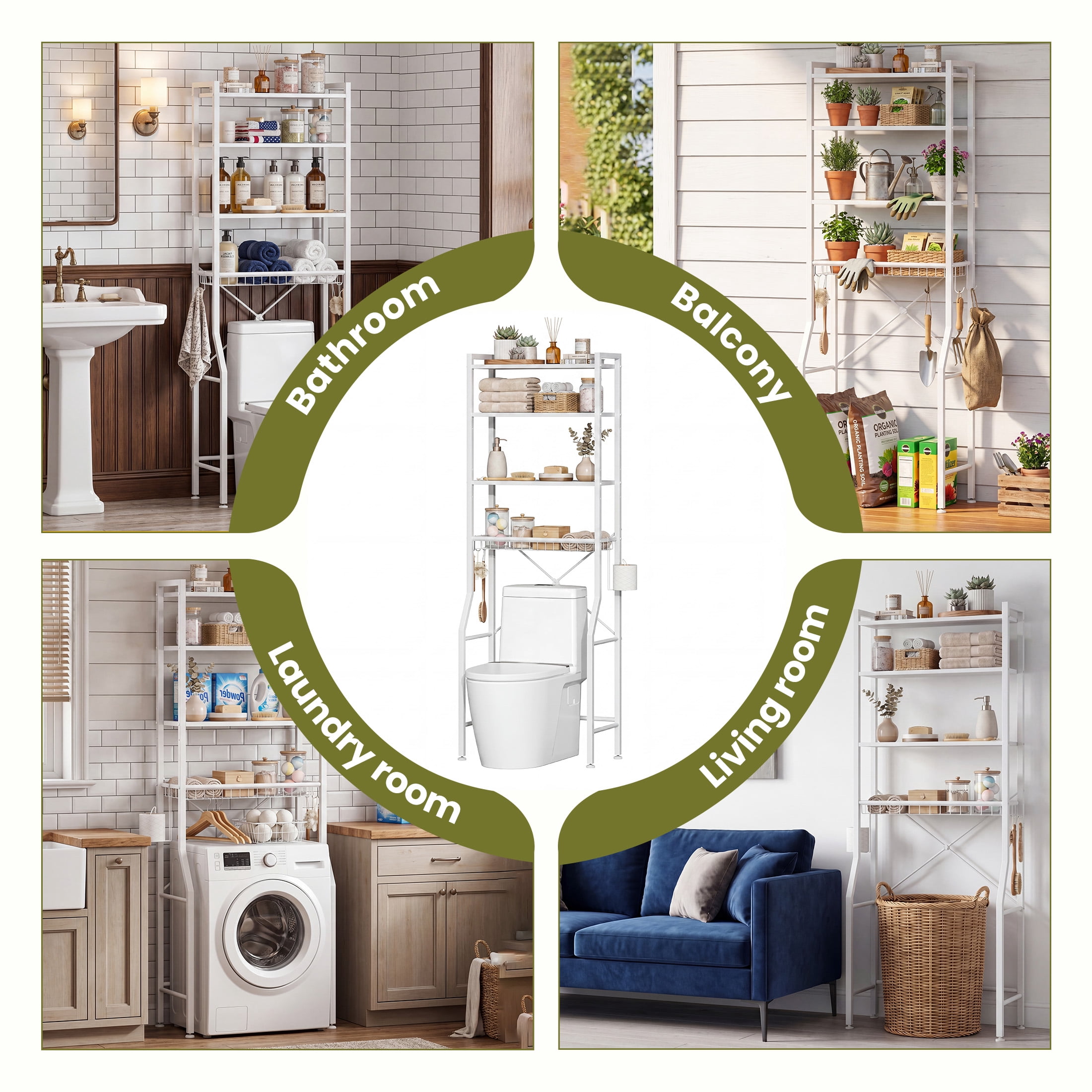 CONCETTA 4-Tier over the Toilet Bathroom Storage Rack, Adjustable Space Saver Organizer with Shelves, Basket & Hooks, White