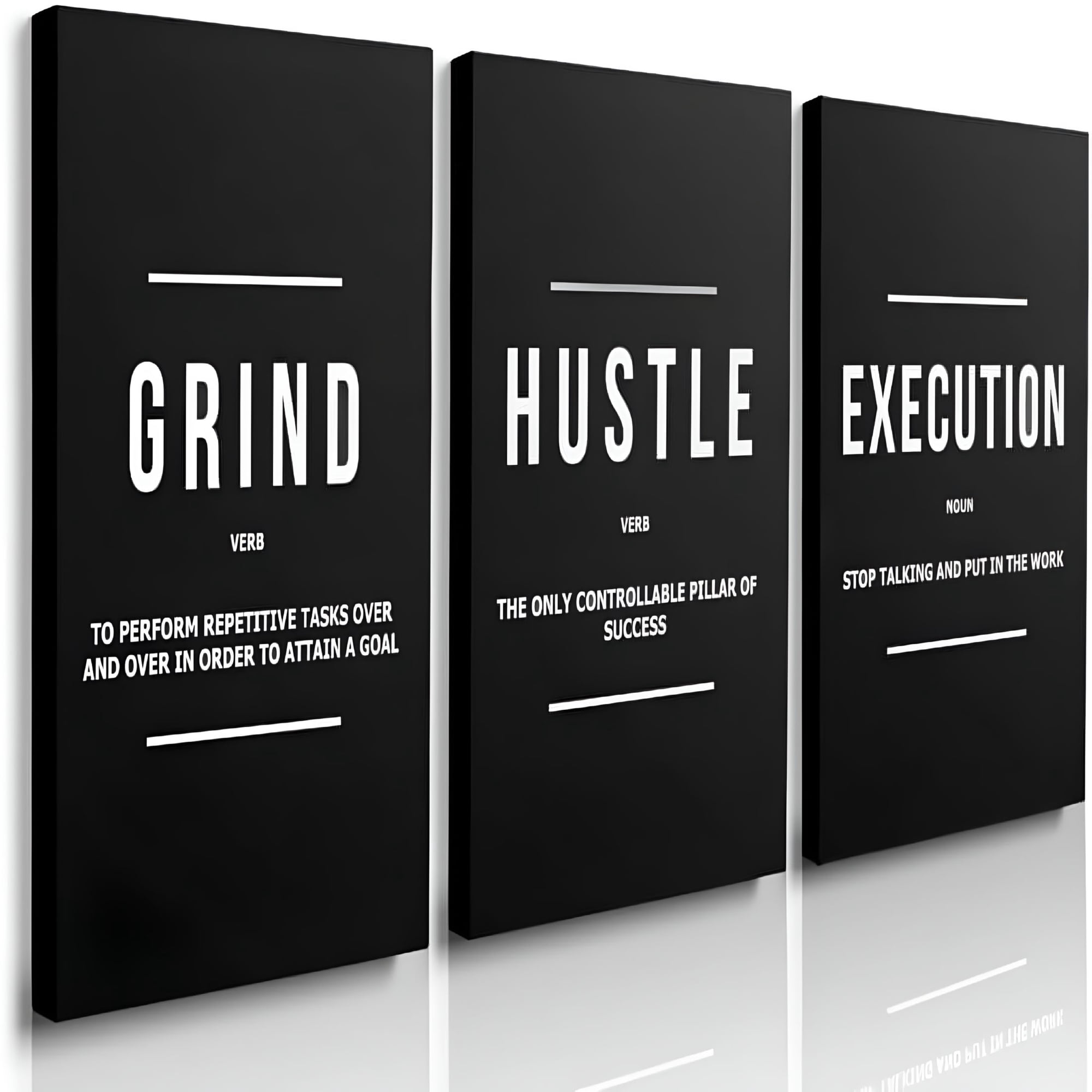 XIBUFE 2026 New Hustle Grind Execution Wall Art Set of 3 Framed Canvas Motivational Wall Art Home Office Wall Decor Inspirational Positive Quotes Posters Success Entrepreneur Gifts for Men 12"X16"
