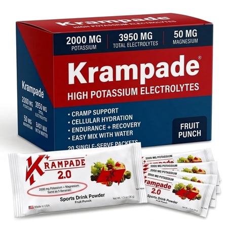 Krampade High Potassium Electrolytes Powder Fruit Punch Cramp Relief 3950mg Electrolytes 2000mg Potassium 20 Packets