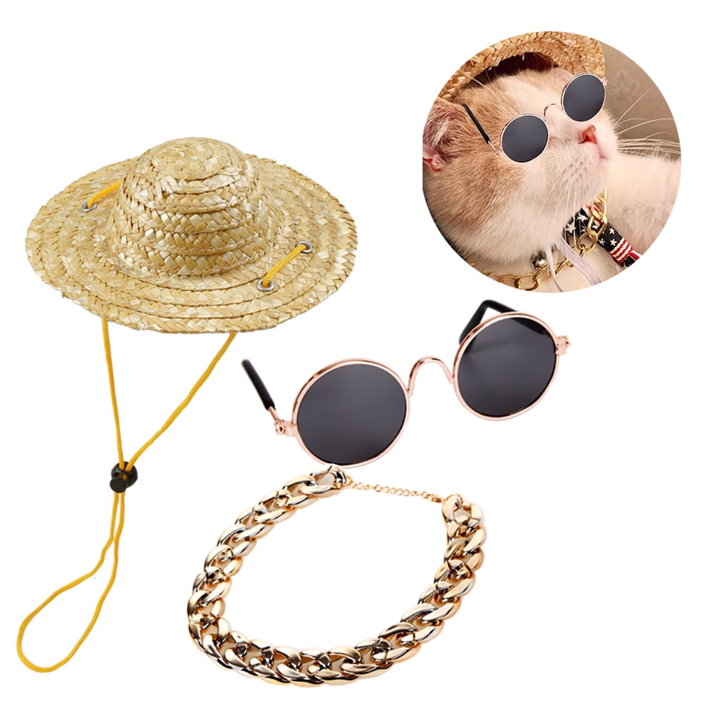 OUNONA 3Pcs Animal Ornament with Dog Gold Sunglasses and Retro Straw Hat for Pets