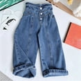 thumbnail image 4 of Bixock Jeans for Girls High Waist Straight Leg Denim Pants Kids Wide Leg Elastic Waist Solid Color Stretch Loose Fall Winter Casual Outer Wear Size 3-4Years, 4 of 6