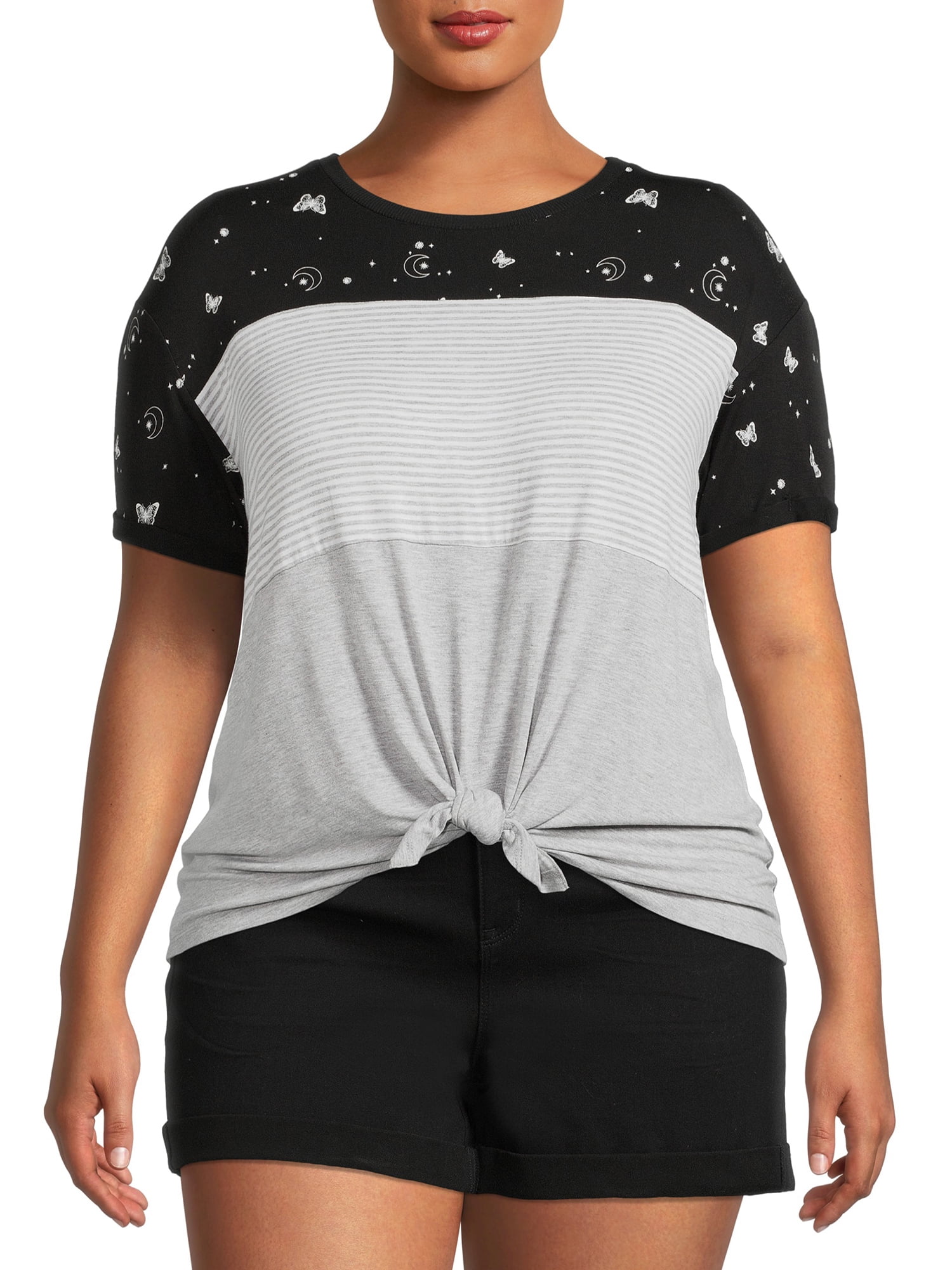 No Boundaries Juniors' Plus Triple Stack T-Shirt with Front Tie