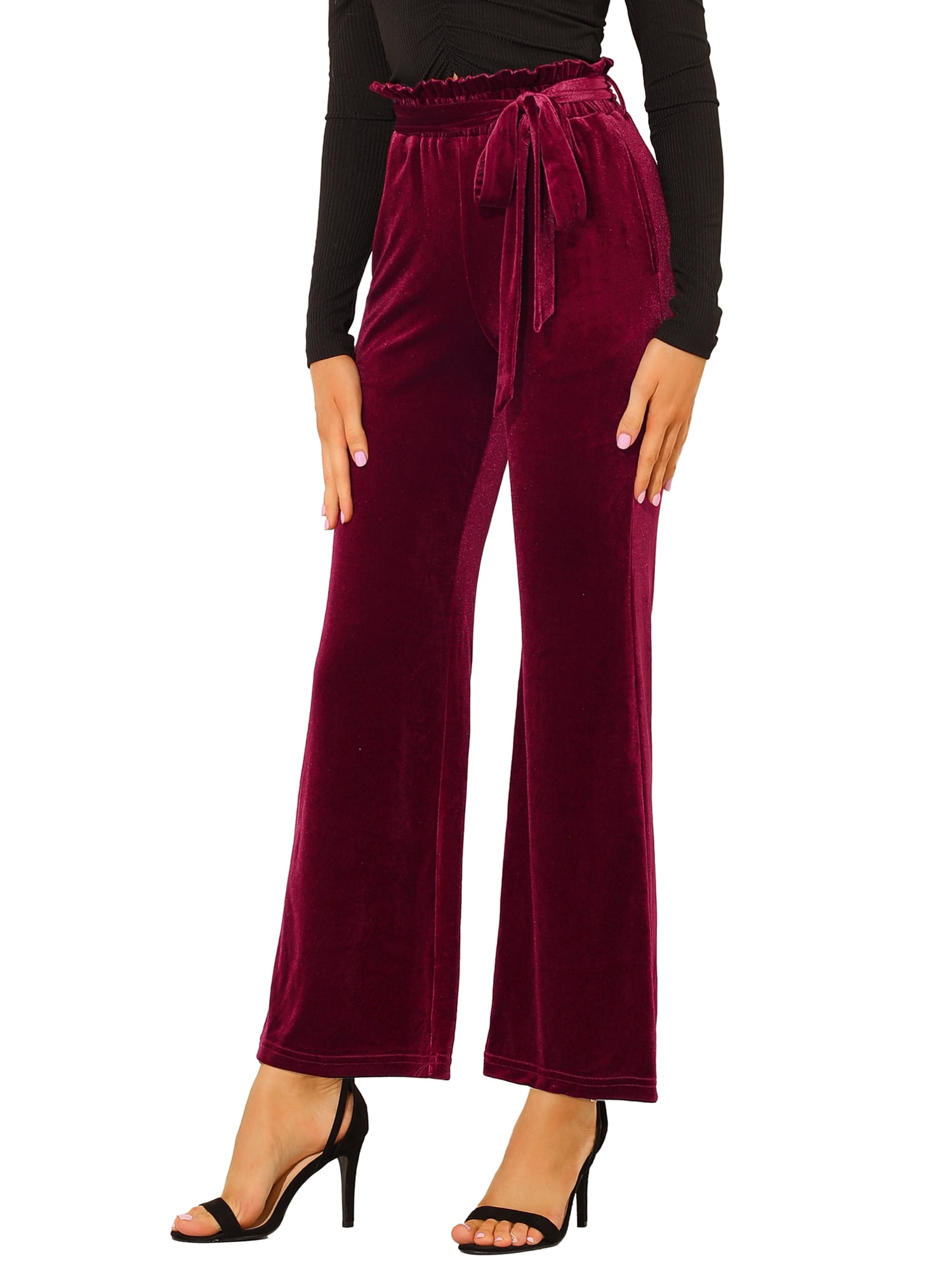 DARING DIVA Women's Velvet Tie Waist Wide Leg Stretchy Pants Trousers L Burgundy