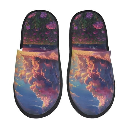 Balery Dreamy Dandelion Sunset Slient Indoor Furry Fleece Comfort House Shoes Soft Non-Slip Home Shoes Cotton slippers House Slippers-- Medium