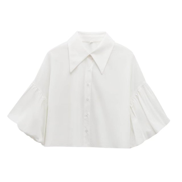 Womens Puff Sleeve Crop Top Fashion Button Down Collared Shirts Drop Shoulder Cute Cropped Blouses (S, White)