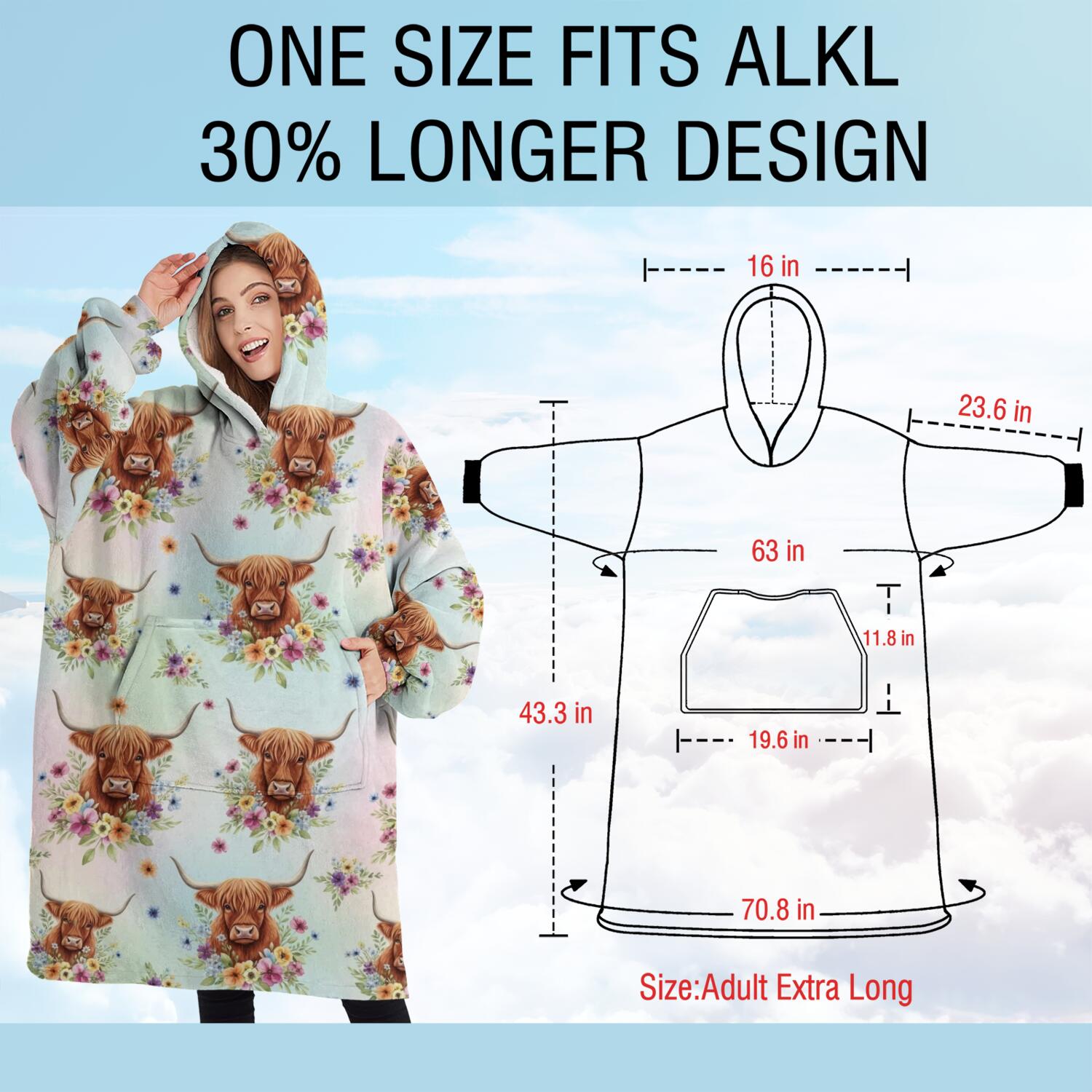 Oversized Wearable Blanket Hoodie,Colorful Highland Cow Flower Pattern Sherpa Blanket Hoodie with Super Pockets,Super Warm Fuzzy Pullover for Women & Men