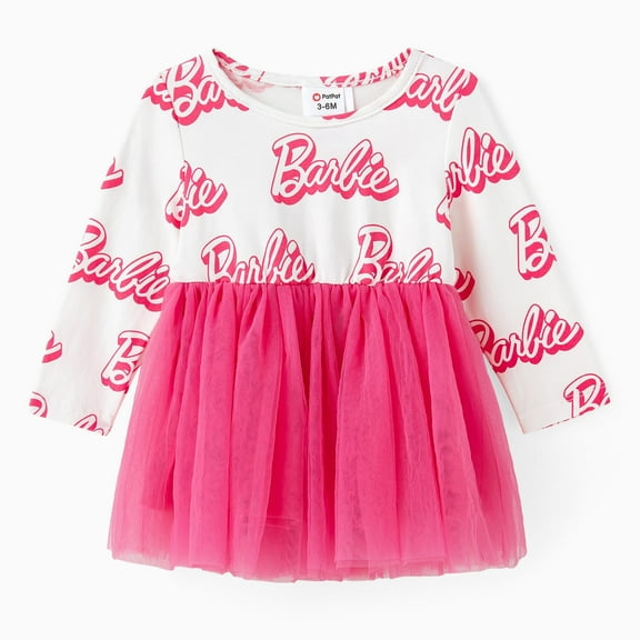 Barbie Baby Girls Dresses Cotton Letter Print Mesh Tutu Skirt Birthday Gift Sizes 3-24M