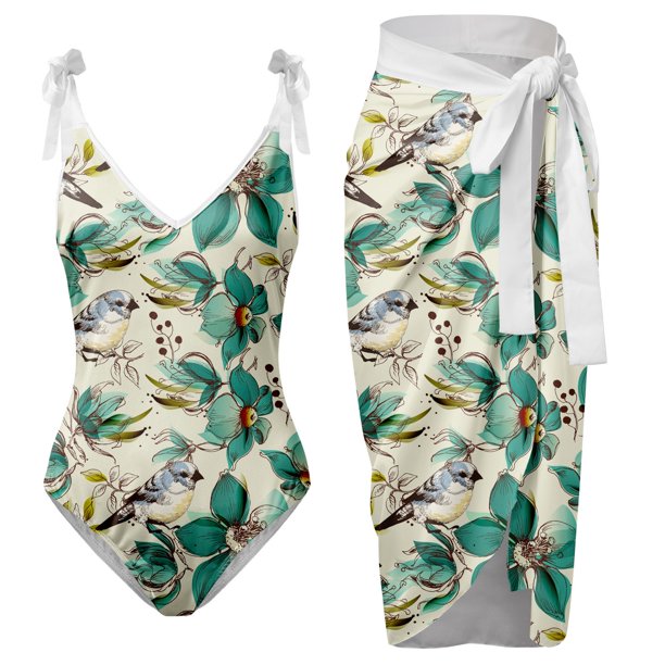 Gibobby Trajes de Baño para Mujer Traje de baño con estampado de flores y cuello en V para mujer Conjuntos de bikini con falda y delantal(Verde,G)