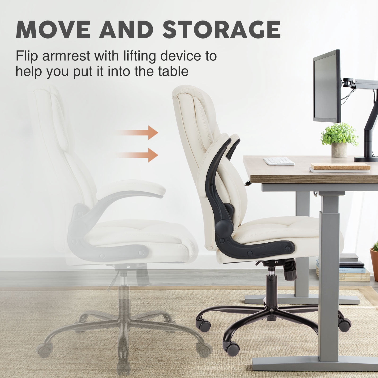 Casabay Leather Home Office Chair, Ergonomic Computer Desk Chair with Wheels and Flip-up Armrest, 300 LBS Weight Capacity, White