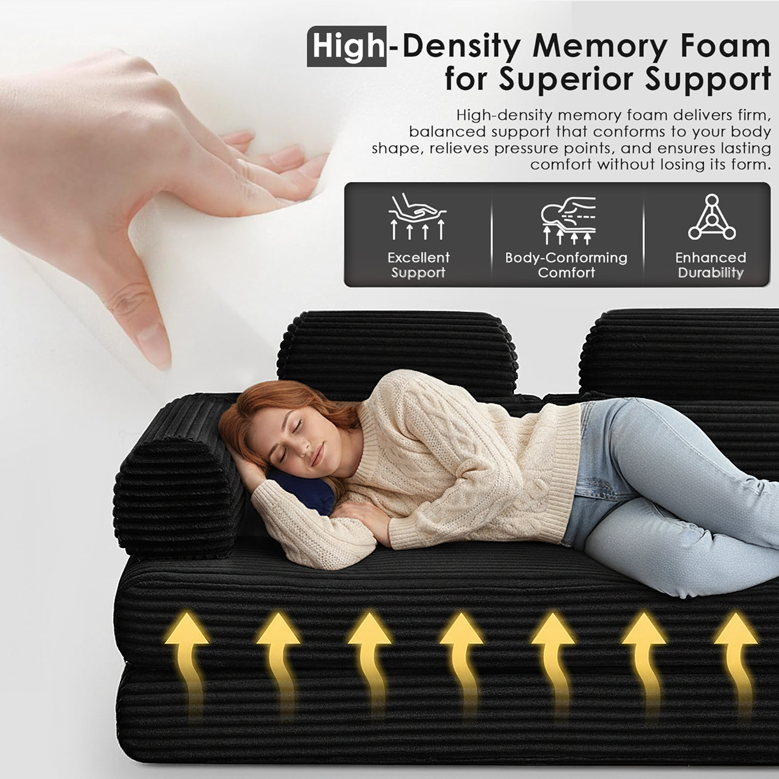 Xiweot Cloud Sectional Couch for Living Room, Memory Foam Sectional Sofa with Deep Seat, Corduroy Floor Mattress Couch, No Assembly Required (Black)