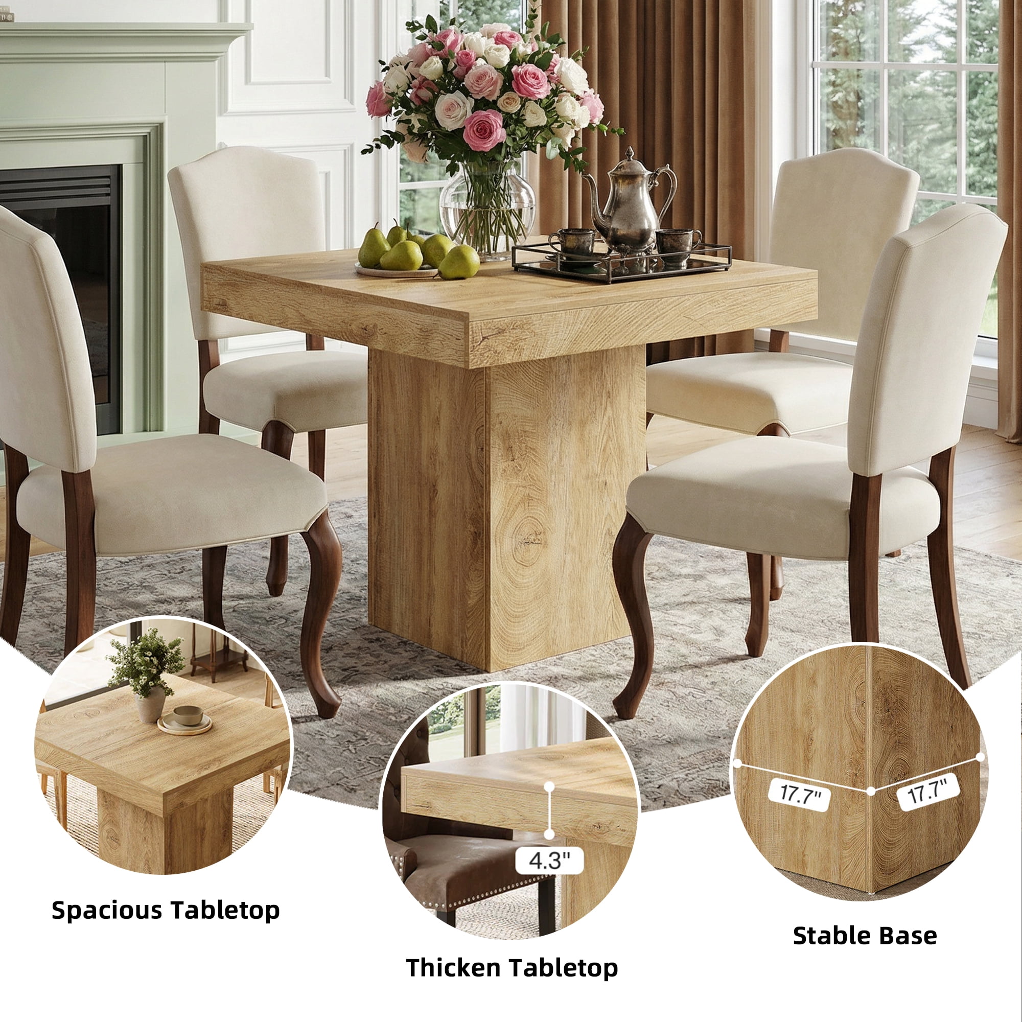MAYEERTY 39 Inch Square Farmhouse Dining Table, Kitchen Dinner Table with Heavy Duty Pedestal Base for 4 People