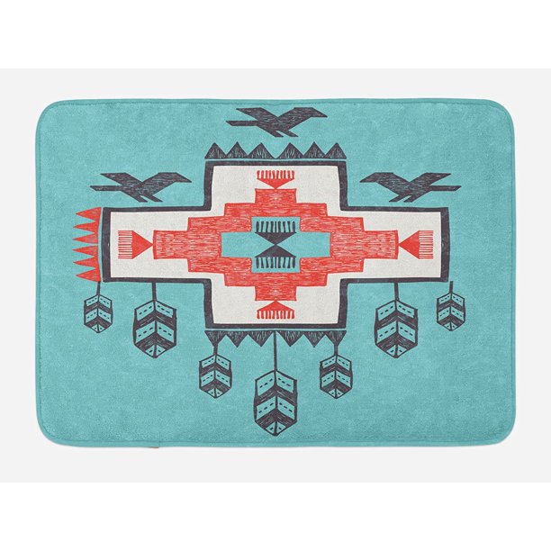 Tribal Bath Mat, Hand Drawn Dreamcathcher Folkloric Birds Image, Plush