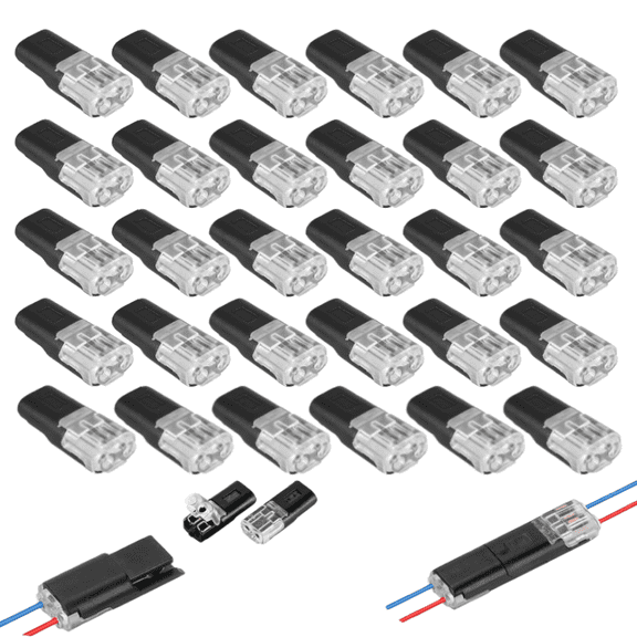 30PCS Double Wire Plug in Connector,Pluggable Low Voltage Wire Connector with Locking Buckle,Quick Disconnect Led Light Strip Connectors 2 Pin,No Wire Stripping Cutting