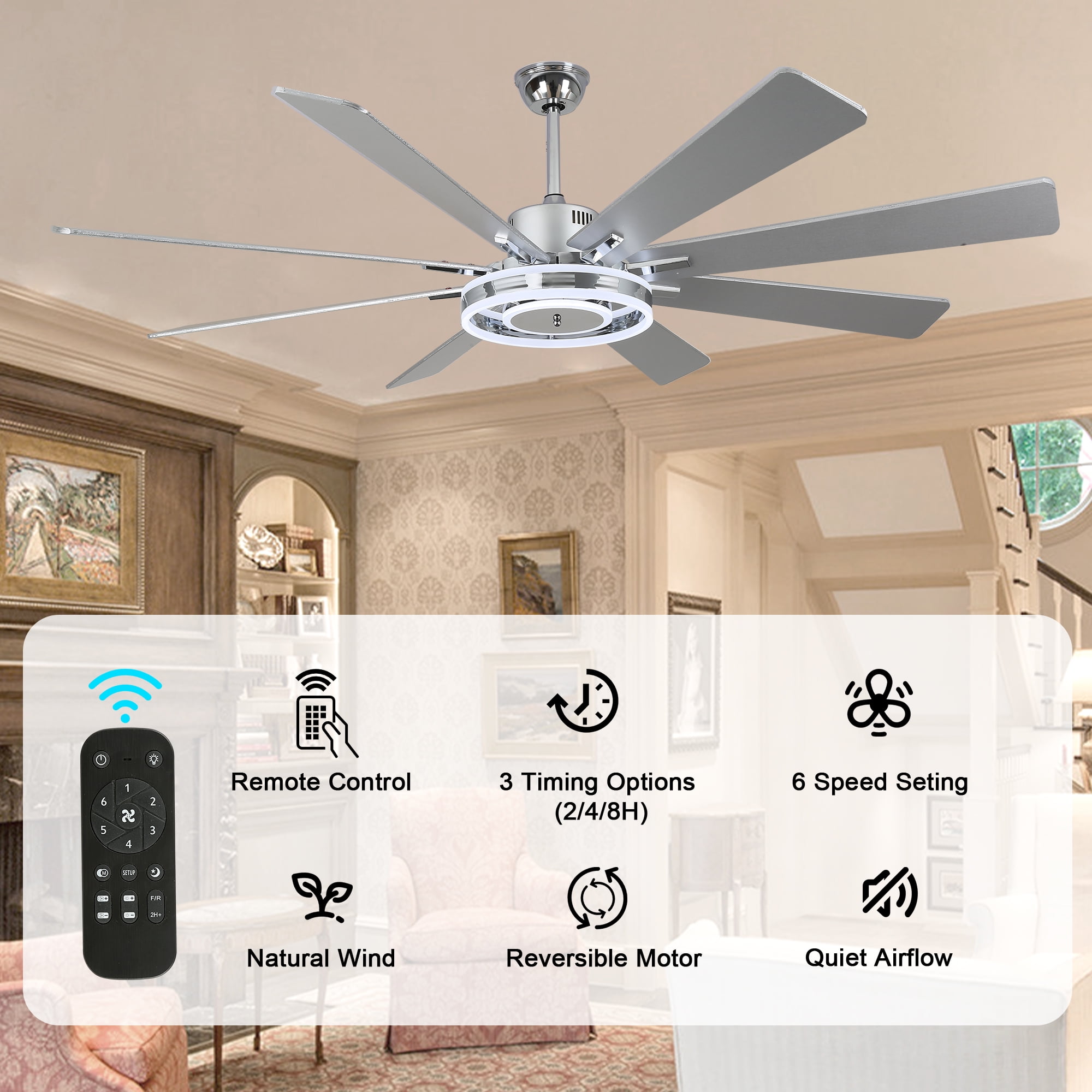 Bella Depot 72" Modern LED Ceiling Fan 6-Speed Reversible Chandelier With Dimmable Light and Remote Control