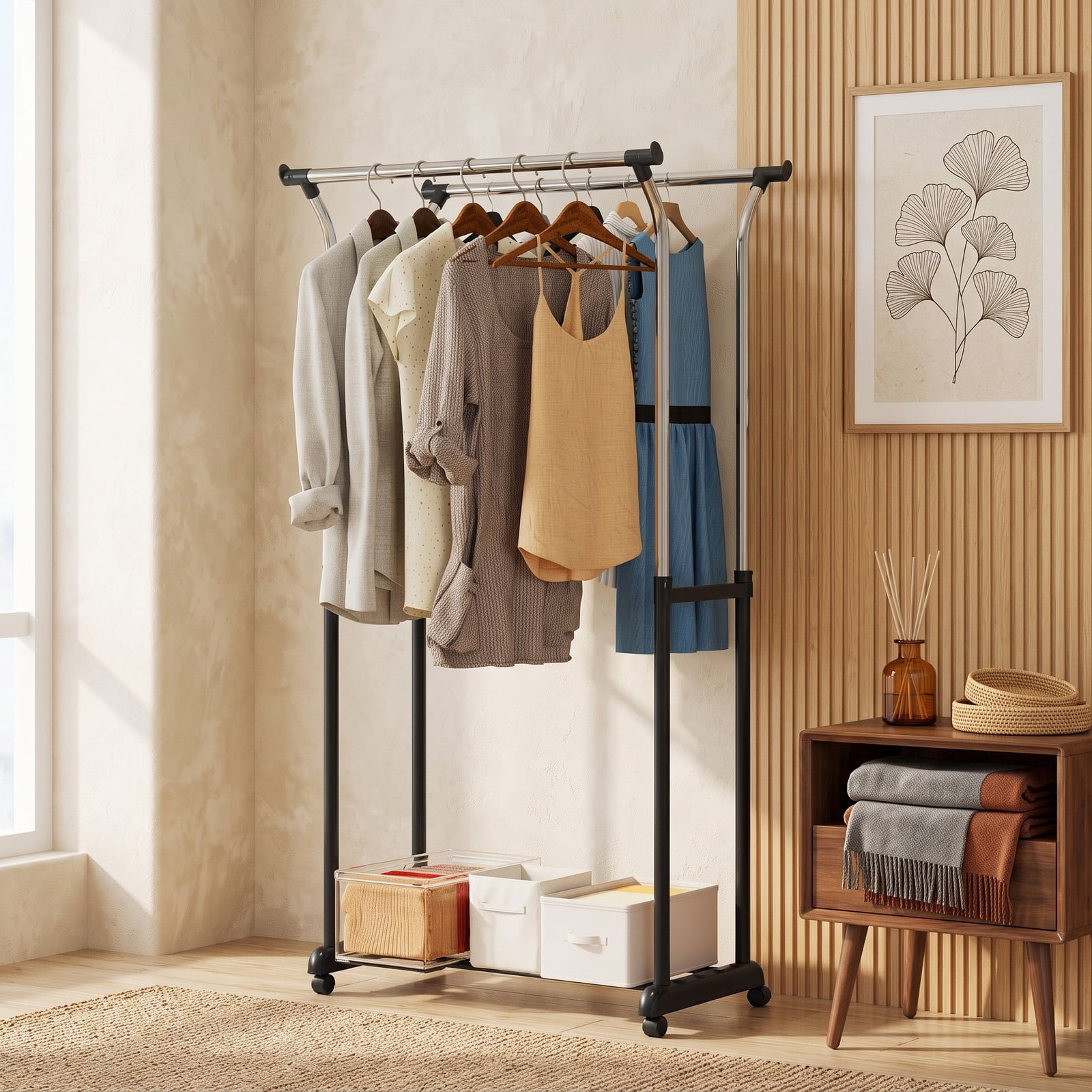 Furnibear Rolling Double Rod Garment Rack with Adjustable Height and Locking Casters for Bedroom and Closet, Black and Silver