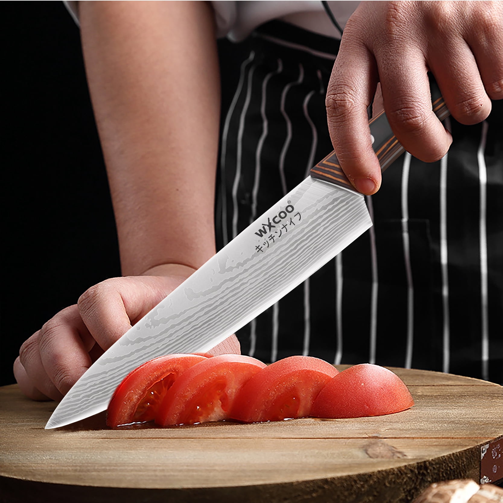 3-Piece Damascus Pattern Kitchen Knife Set, Wood Grain Handle Stainless Steel Chef Knives with Blade Guards, Sharp Multi-purpose Cooking Cutlery for Home Kitchen