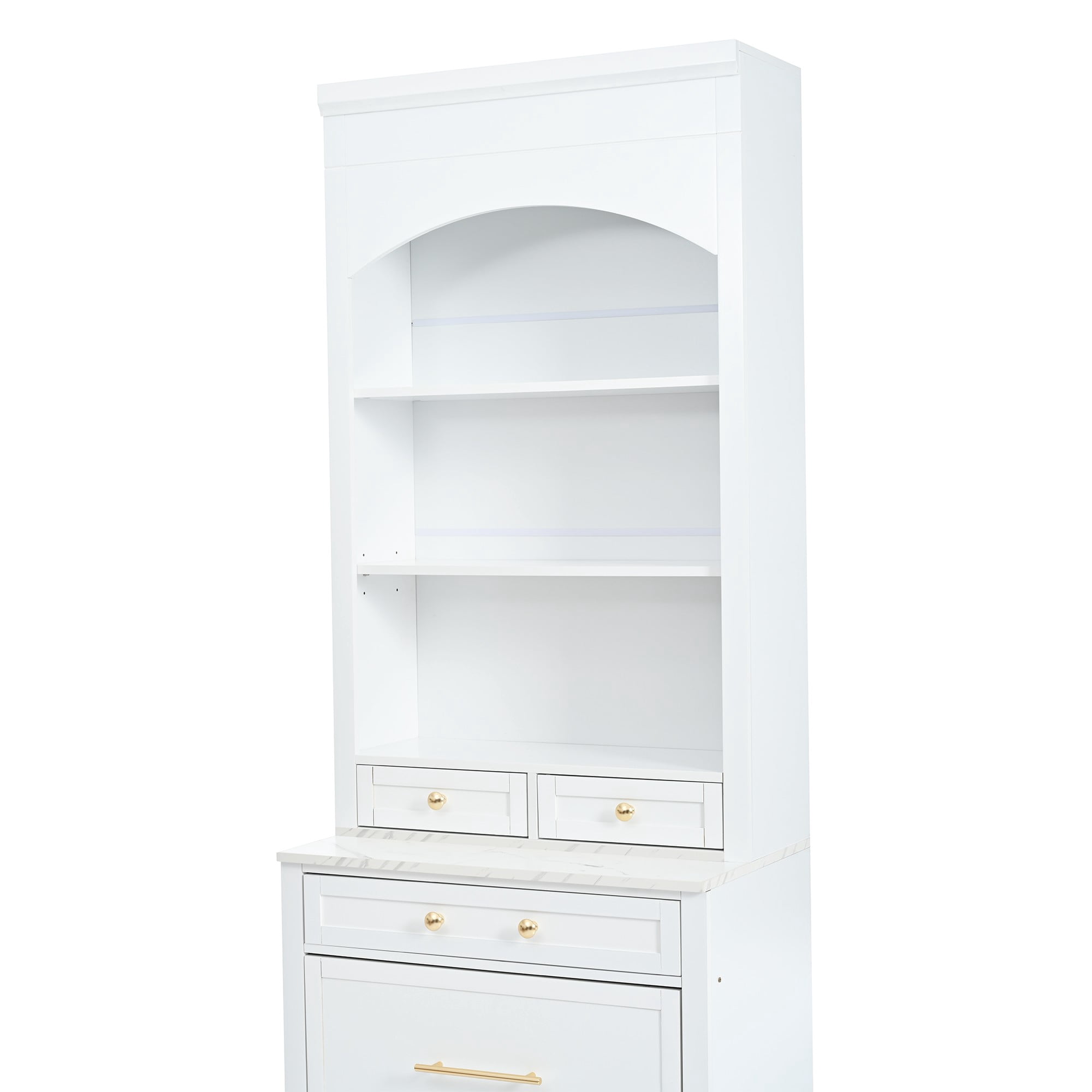 Modern 83.7inch High Kitchen Pantry, Freestanding Tall Kitchen Hutch with Faux Marble Top, Display Cupboard Cabinet with 5 Storage Drawers and Adjustable Shelf (White)