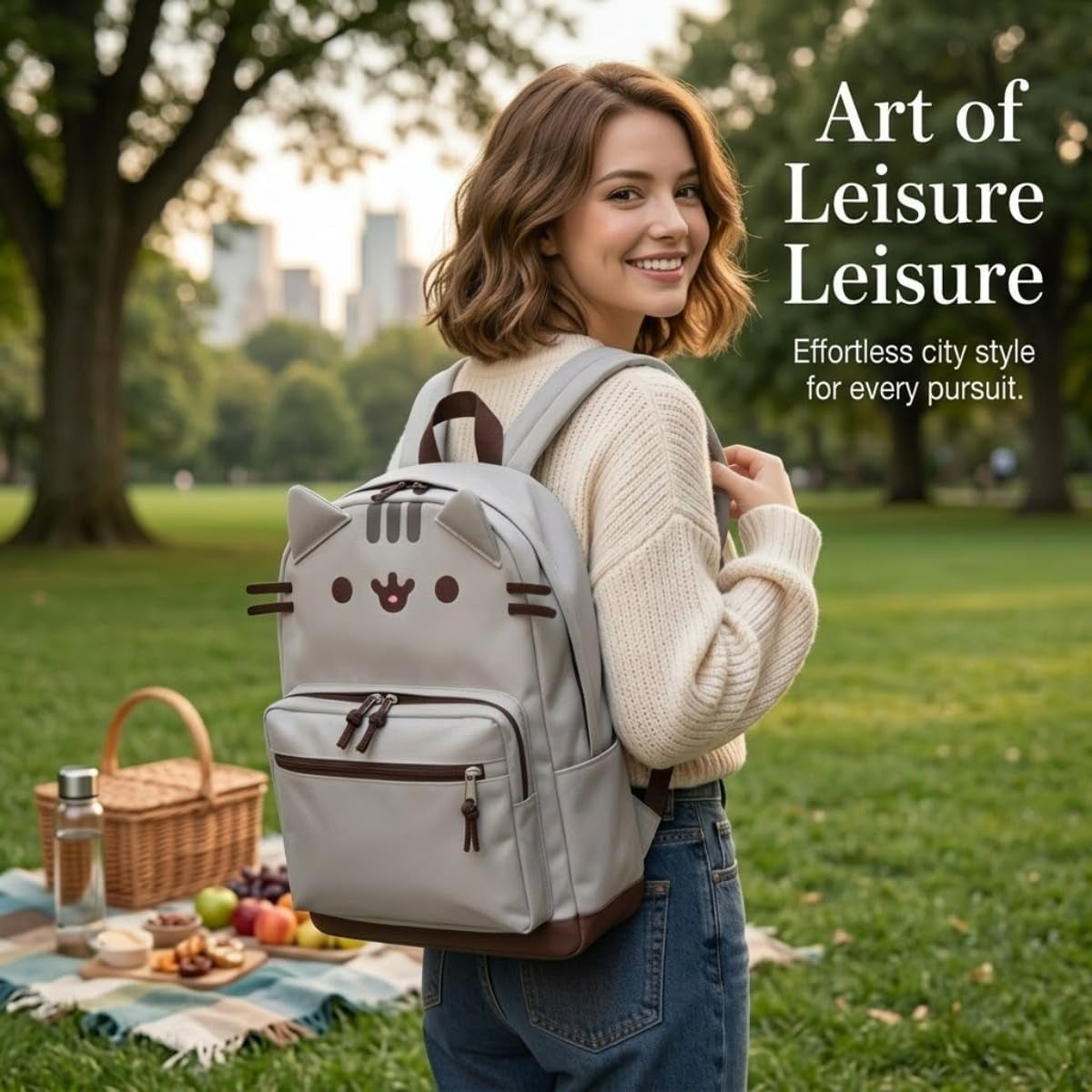 Cute Cat Backpack for Women, Casual 3D Cat Face Design Lightweight Travel Daypack with Pockets, Versatile Rucksack for Work Daily City Commute