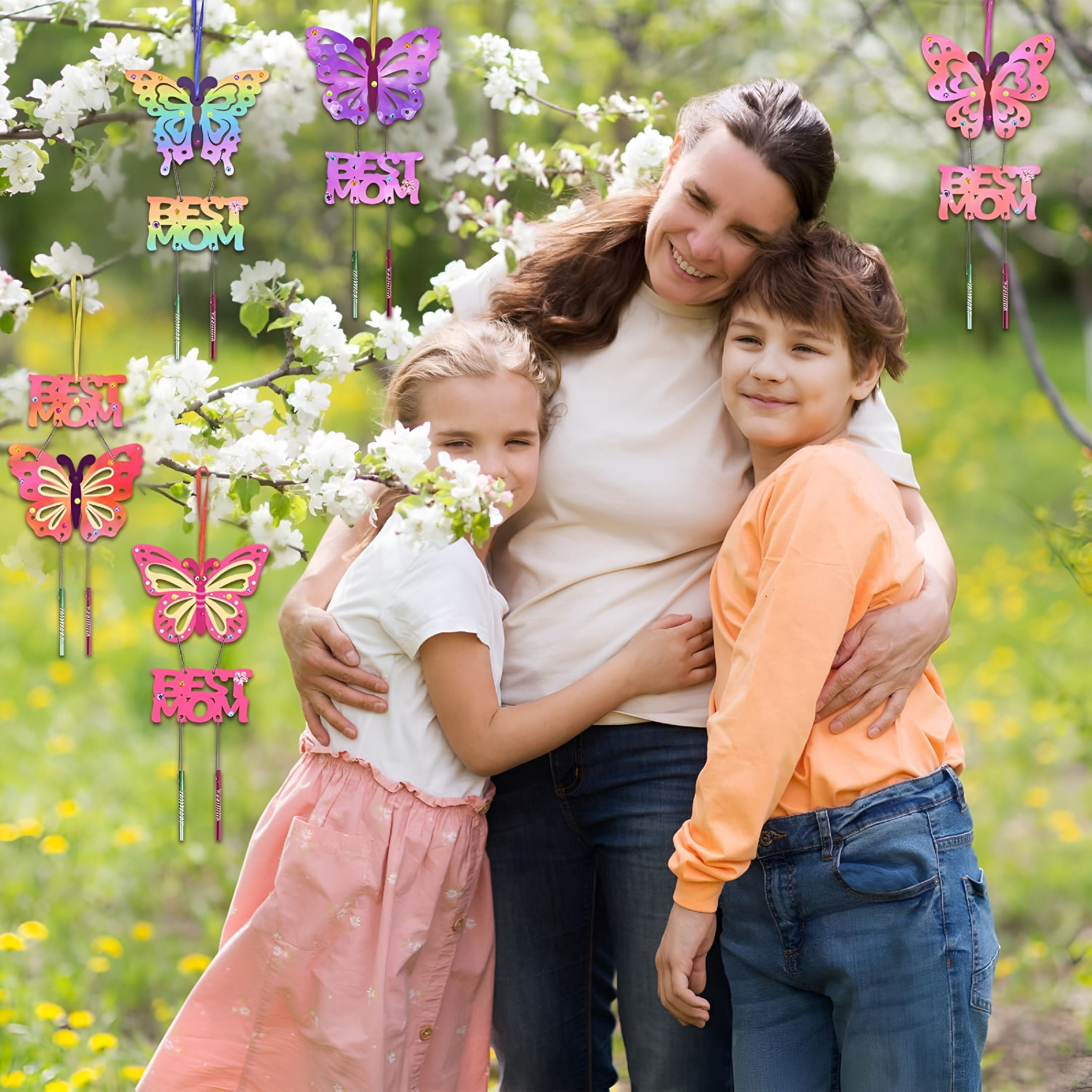 BESTSKY 12 Pack Butterfly Wind Chime Kit for Kids Make Your Own Mother’S Day Craft Kit Diy Coloring Wooden Art and Craft for Mom’S Birthday Decoration from Son Daughter