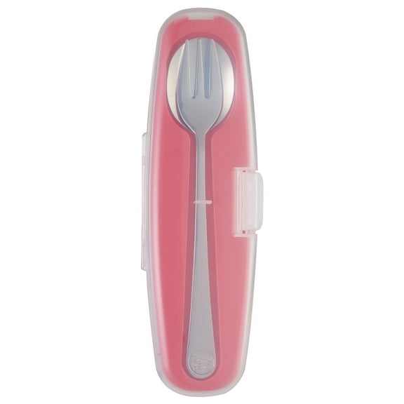 Innobaby Din Din Smart Stainless Steel Spoon and Fork with Carrying Case. Utensil Set for Kids and Toddlers. BPA free. Pink.