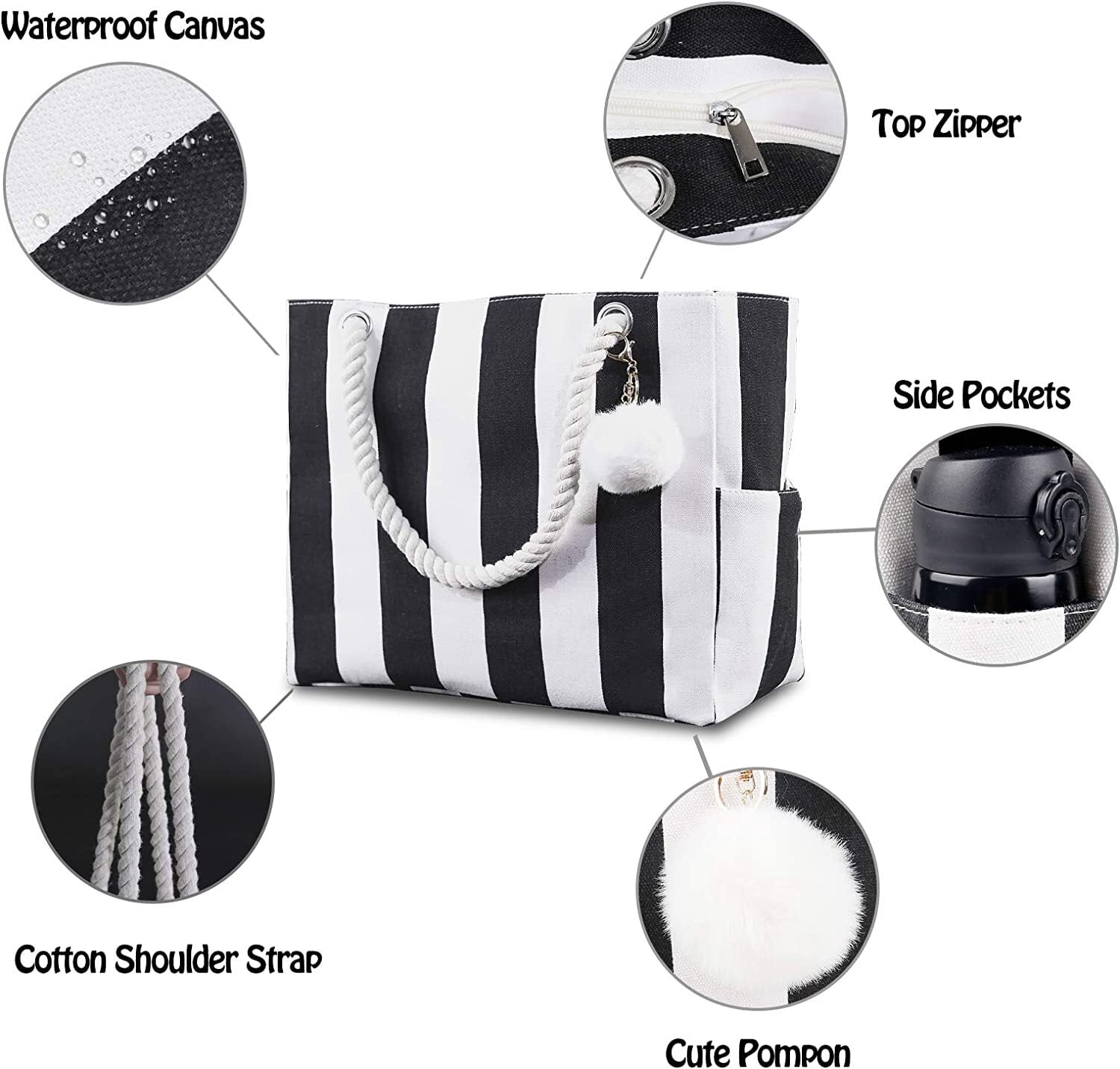Extra Large Beach Bags Totes Women Waterproof Sandproof Big Tote Bag Zipper Inner Pockets Rope Handle Canvas with Zip Closure Swim Pool Gym Picnic Travel Weekend Accessorie Striped Black Handbag Gifts