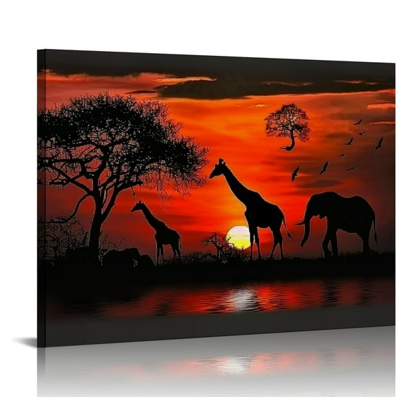 Acheng African Landscape Picture Canvas Prints Wild Giraffes at Sunset Wall Art Modern Black and White Red Animal Painting for Farmhouse Home Living Room Decor Framed Ready to Hang  20x16in