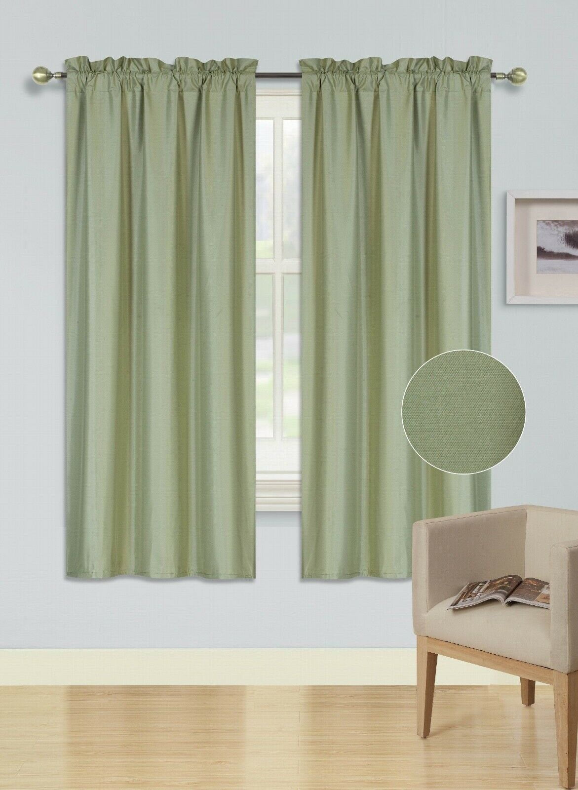 ROD POCKET TOP PANEL SOLID BLACKOUT FOAM LINED WINDOW CURTAIN SAGE 1PC R64 
