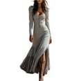 thumbnail image 2 of Women's Maxi Dress Long Dress Long Sleeve Western Style Button Front Gathered Detail Sexy Dress for Spring Fall,Gray,XL, 2 of 6