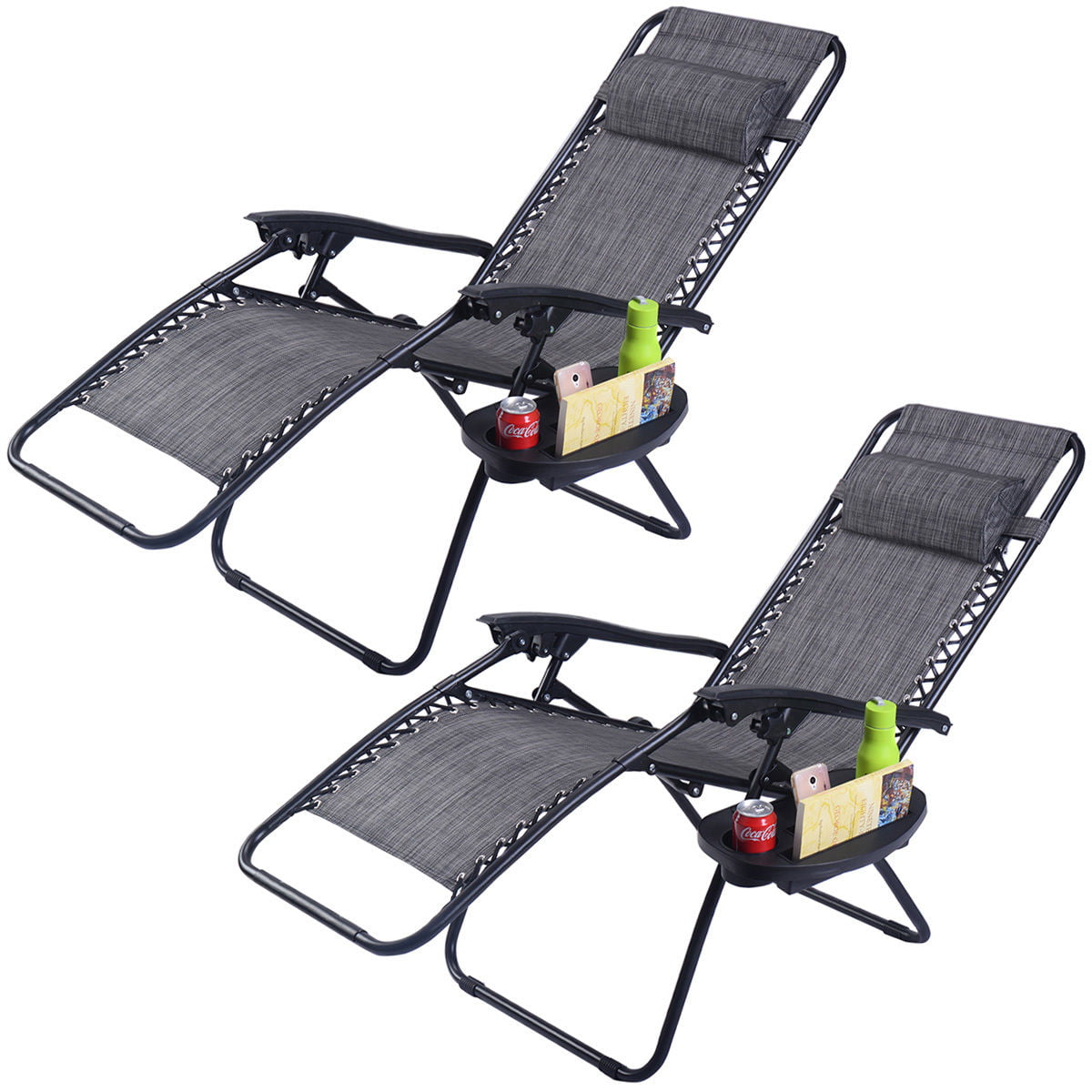 Folding Garden Lounge Beach 2 Zero Gravity Reclining Chairs Lawn with Trays 