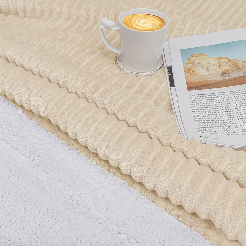 PAVILIA Reversible Sherpa Fleece Throw Blanket Twin Cream Beige, Soft Fuzzy Plush Flannel Throw, Warm Ribbed Microfiber Blanket for Sofa Couch Bed, Thick Striped Blanket, Beige, 60x80