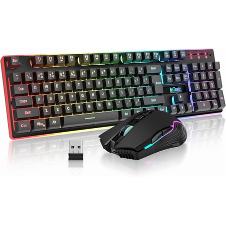 Wireless Gaming Keyboard and Mouse Combo, RGB Backlight Rechargeable 3800mAh Battery, 26-Key Anti-ghosting Keyboard + 7D 3200DPI Mice for PC Gamer