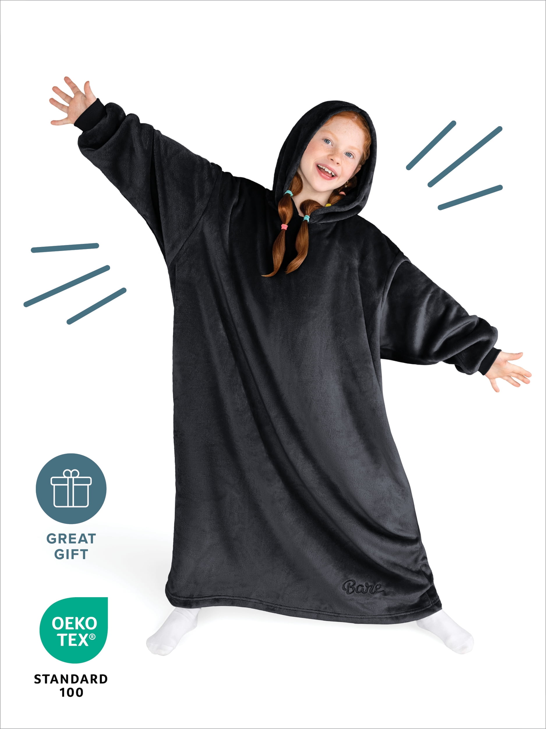 Bare Homey Kids Size Microplush Wearable Blanket - Long Length - Side Pockets - Velvety Soft, Black