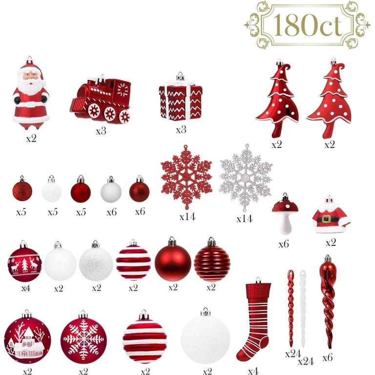  Valery Madelyn Christmas Ornaments Set, 200ct Red and White  Shatterproof Christmas Tree Decorations Set, Traditional Red and Silver  Decorative Hanging Ball Ornaments Bulk for Xmas Holiday Decor : Home &  Kitchen