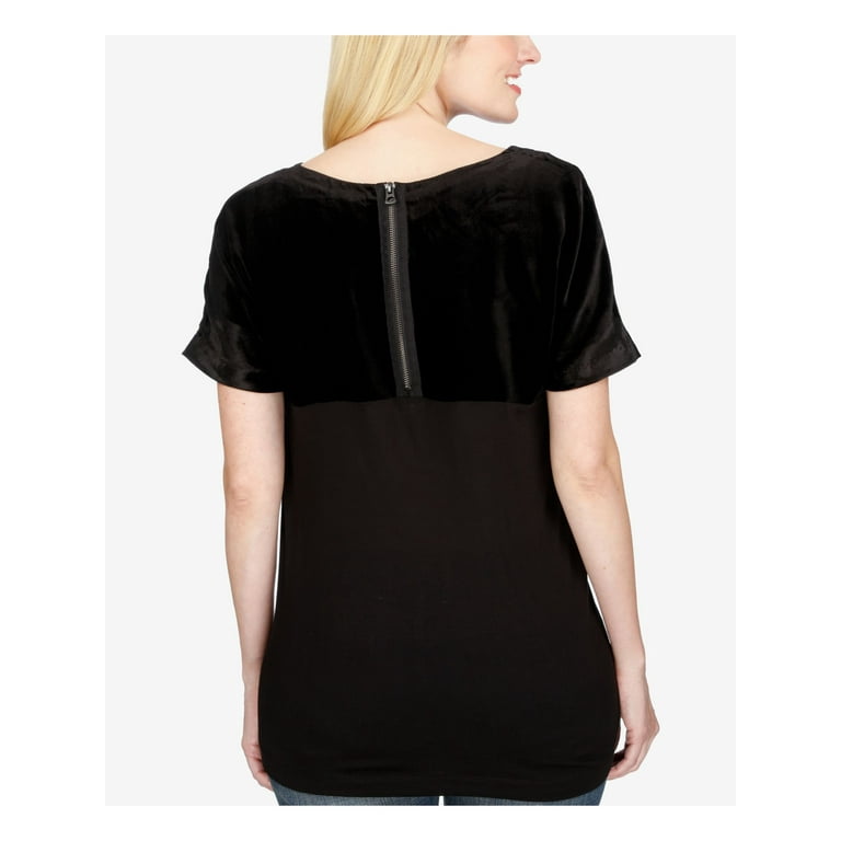 Lucky Brand Womens Velvet Contrast Embellished T-Shirt, Black, Medium 
