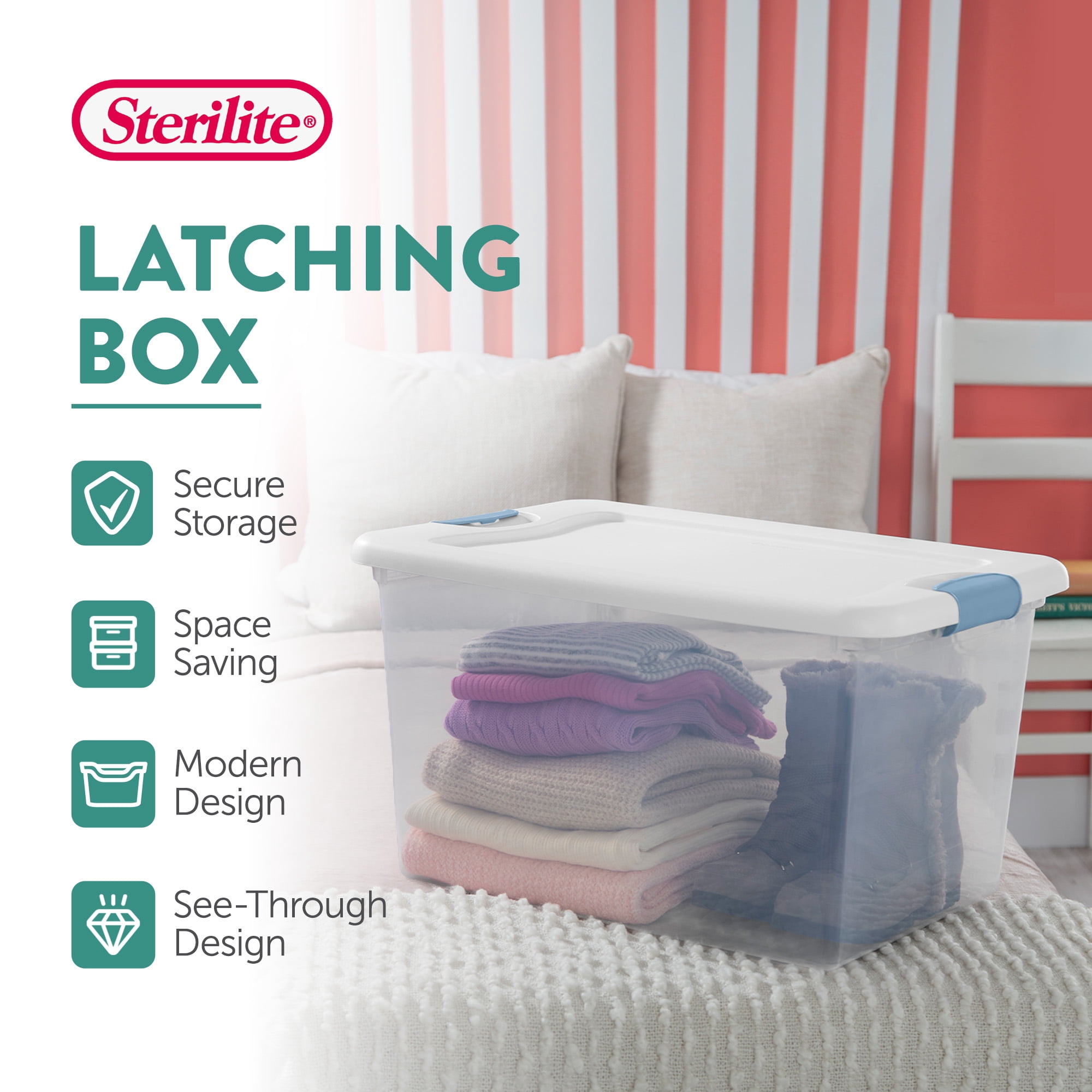 Sterilite 64 Qt. Latching Box, Clear Plastic Storage Organizer Bins, White Lid, 4 Pack