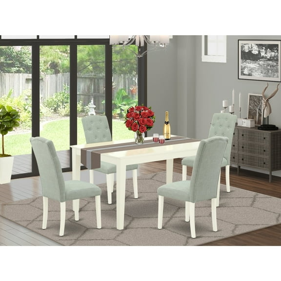 5-Piece Dining Set - Rectangle Table & 4 Parsons Chairs - Linen White & Baby Blue