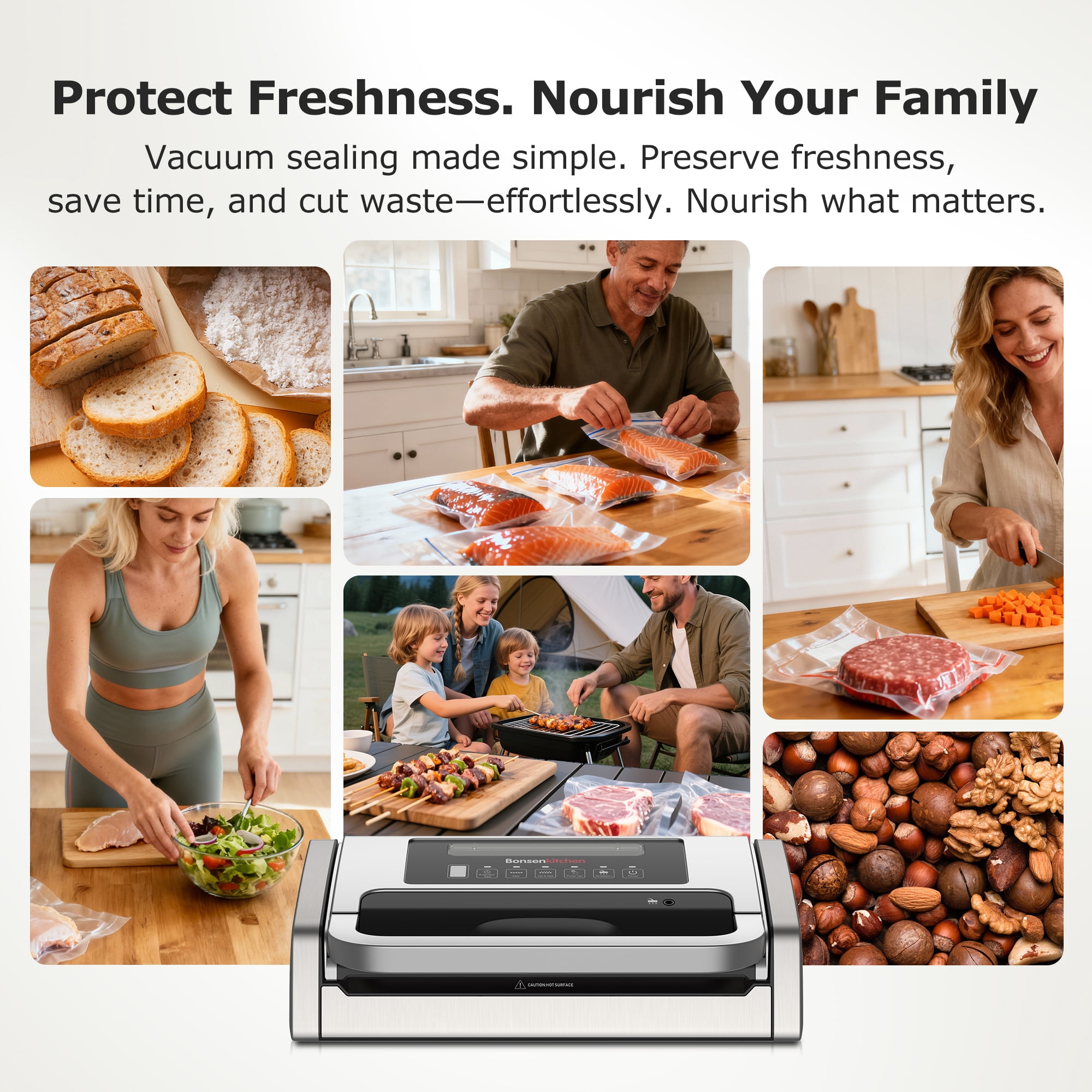 Bonsenkitchen Automatic Vacuum Sealer for Food, 5-in-1 Food Sealer Machine with Bag Rolls & Pre-cut Bags, Includes Jar Suction Hose, 65dB Quiet