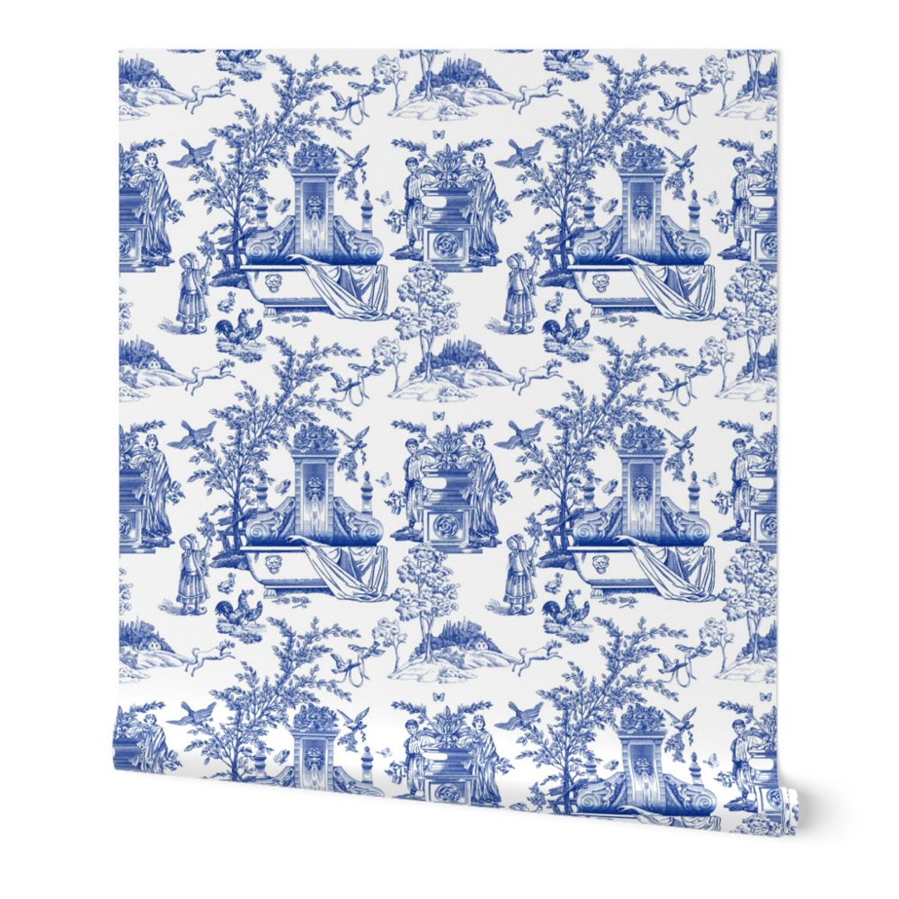 Wallpaper Roll Eclectic Toile Blue White Asian Indigo And