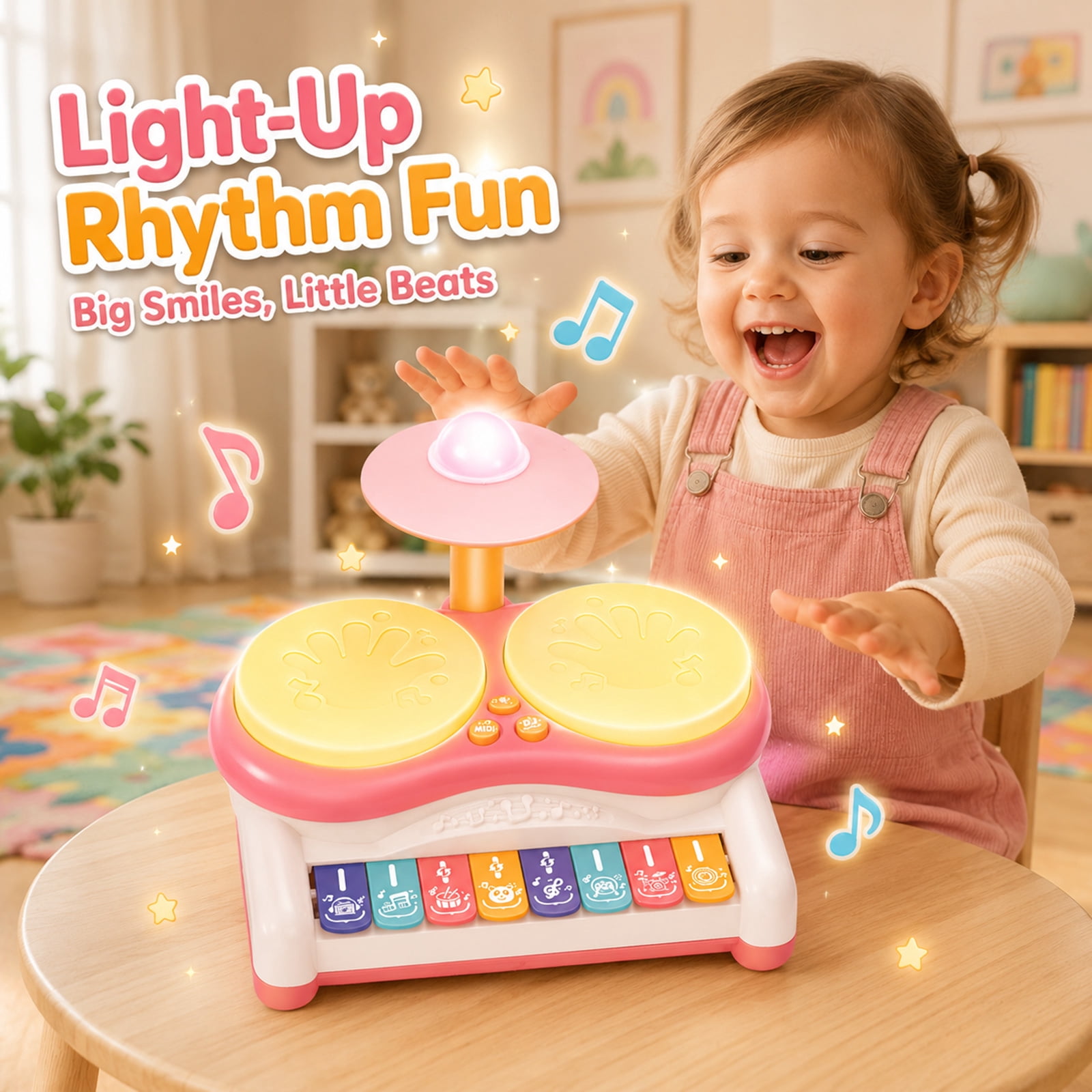 Musical Drum and Piano Toy for Toddlers, Light-Up Dual Drum Set with 8-Key Keyboard, Early Learning Rhythm Toy, Pink