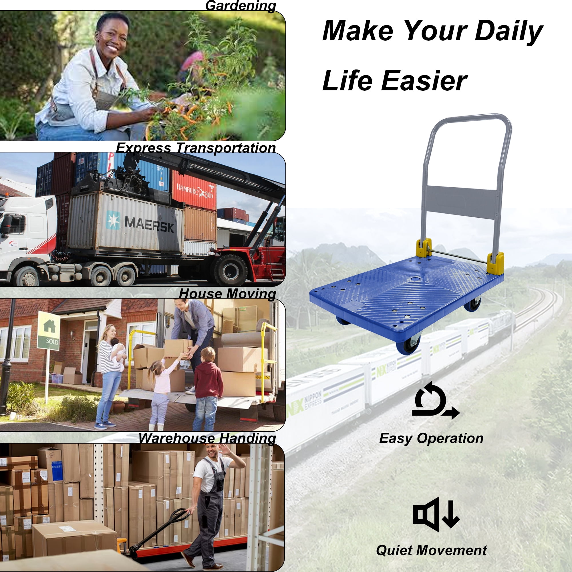 Hand Truck, 440 lbs, Foldable, Swivel Brake Wheels, Push Handle