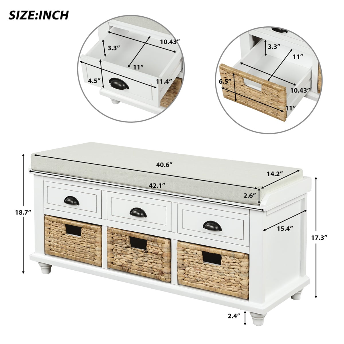 Rustic Storage Bench with 3 Drawers and 3 Rattan Baskets, Shoe Bench with Removable Cushion