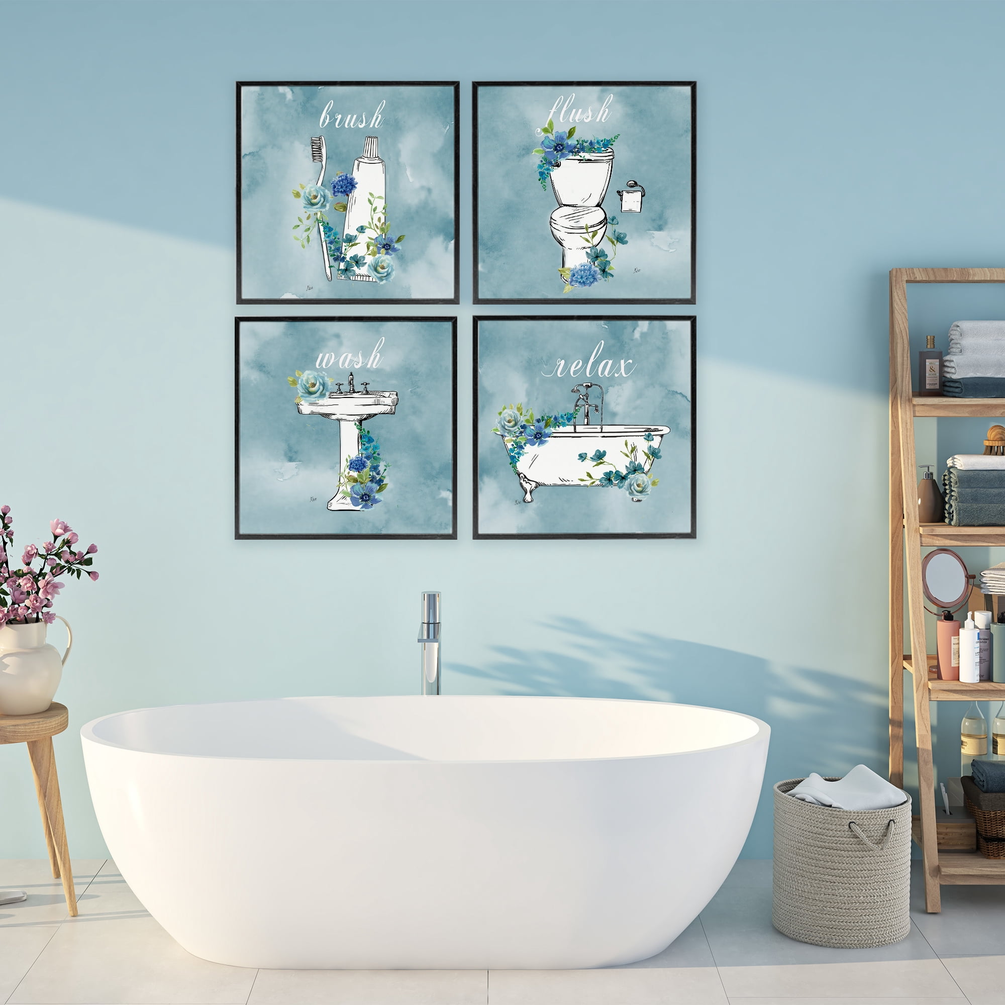 Stupell Industries Blue Floral Bathroom Rules 4 Piece Black Framed Giclee Art Set, design by Nan