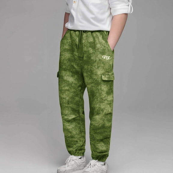 Tfken Pants For Boys Kids Fashion Outdoor Drawstring Waist Cargo Camouflage Print Army Green Trousers Size 6-7 Years