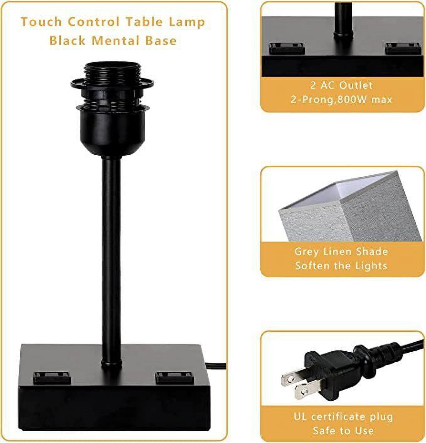 Grey Nightstand Lamps Set of 2 Touch Control Bedside Lamps with Dual AC Outlets