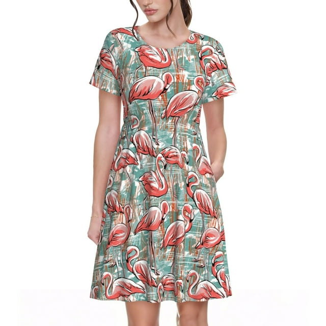 Saiise Robes d'Été Motif Flamant Rose pour Femmes T-Shirt Décontracté Manches Courtes Robe de Plage Florale avec Poches