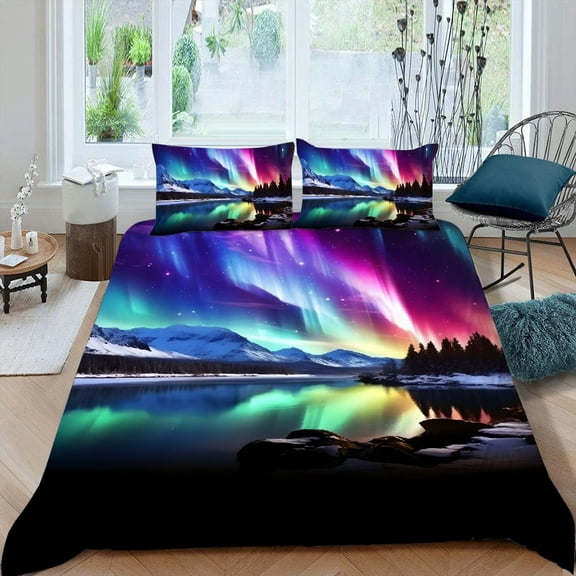 Pratyus Aurora Borealis Space Art 3-Piece Bedding Set - Soft Peach Skin Fabric - Bedroom Guest Room Decor - Machine Washable 87x68in